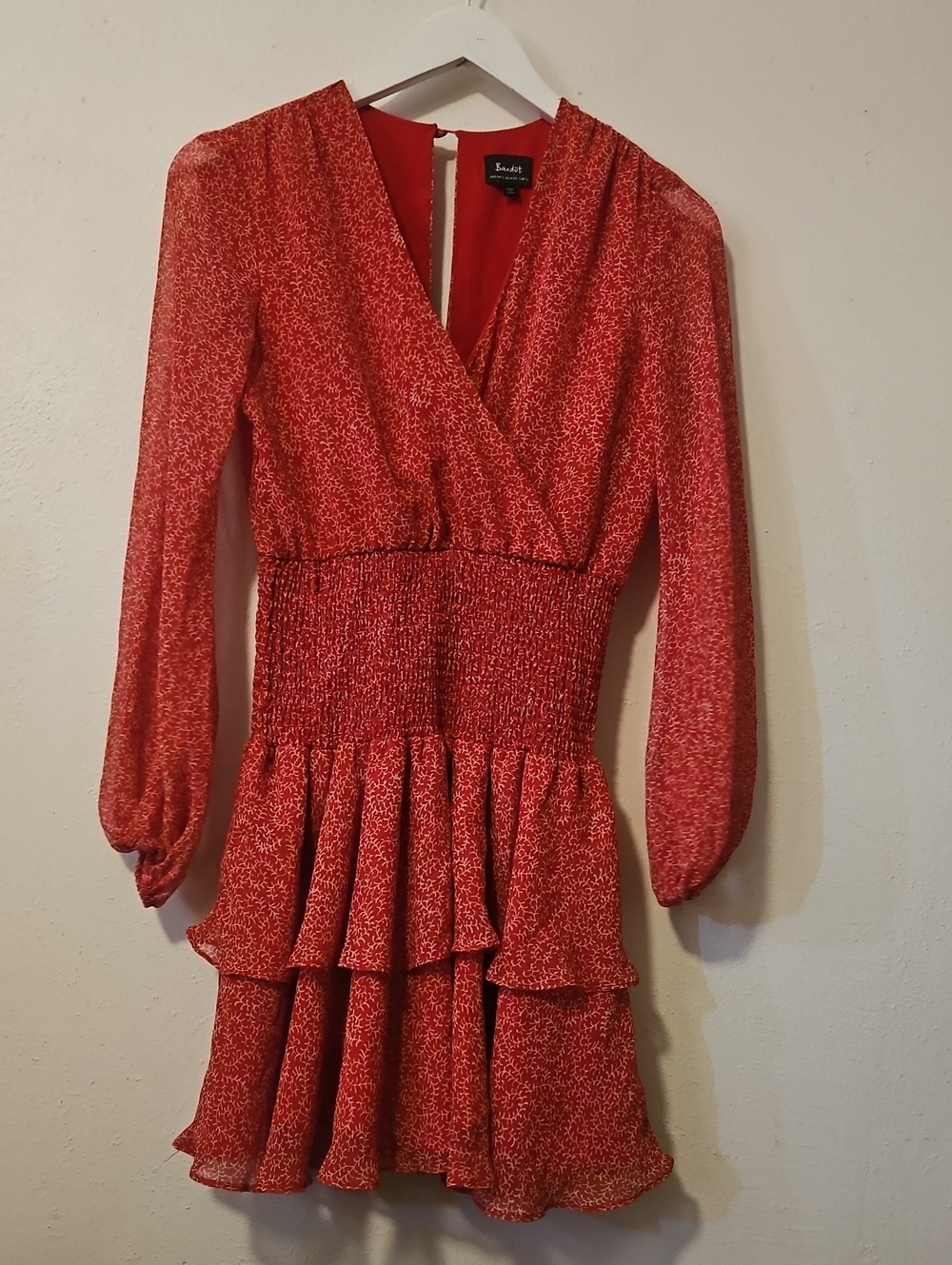 BarDot Red Floral Smocked Ruffle Long-Sleeve Mini Dress XS